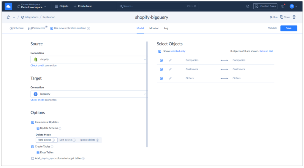 Replication setup for Shopify to Google BigQuery by Skyvia