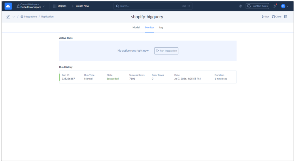 Replication setup logs for Shopify to Google BigQuery by Skyvia