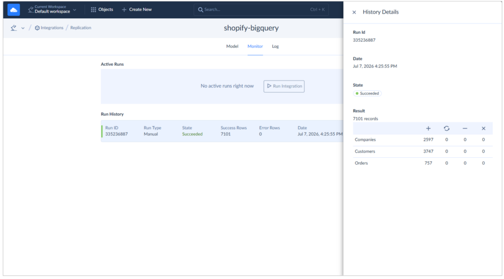 Replication setup detailed logs for Shopify to Google BigQuery by Skyvia