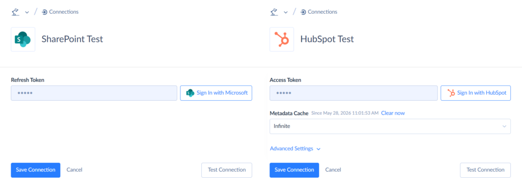 SharePoint and HubSpot connections in Skyvia