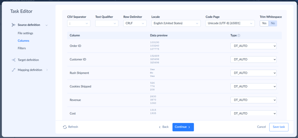 Source definition - columns in Skyvia for SharePoint to HubSpot integration