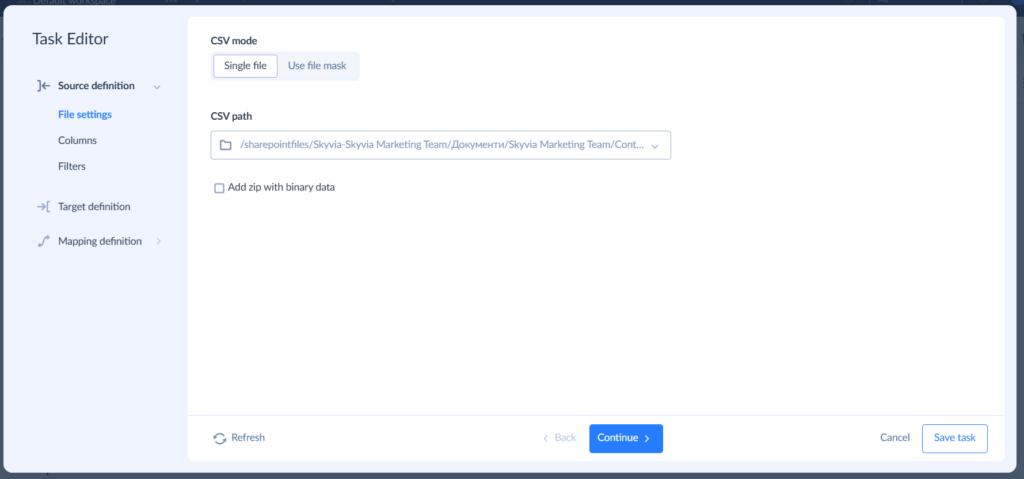 Source definition - File Settings in Skyvia for SharePoint to HubSpot integration