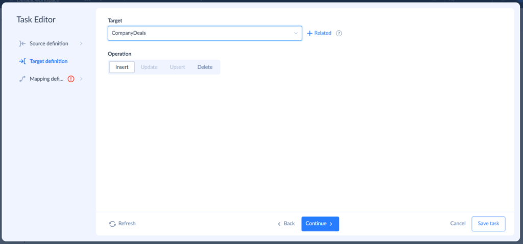 Target definition in Skyvia for SharePoint to HubSpot integration
