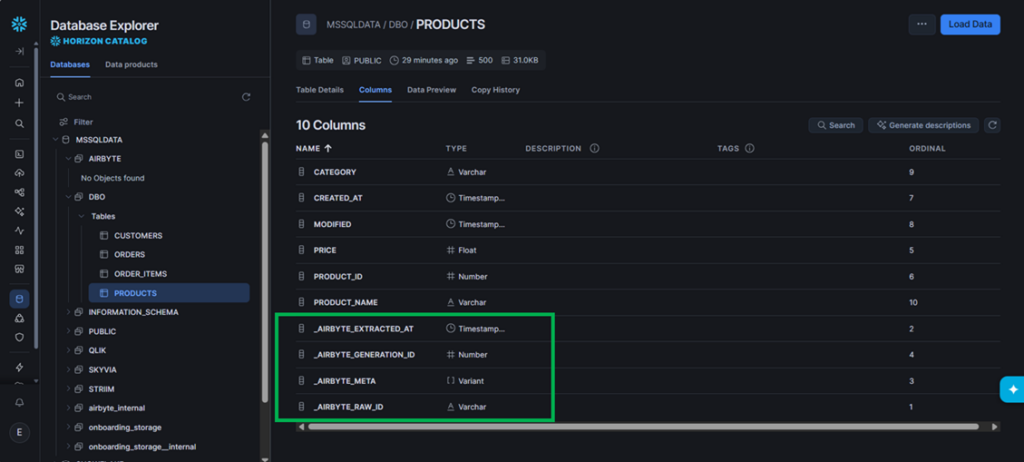 Airbyte's data preview of the uploaded products in the Snowflake