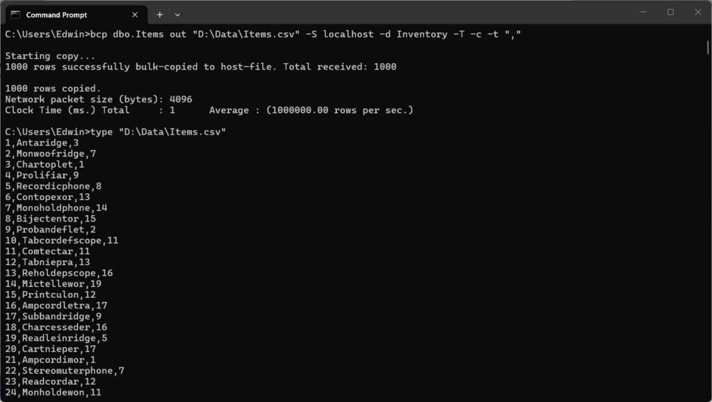 preview of the data in the Terminal