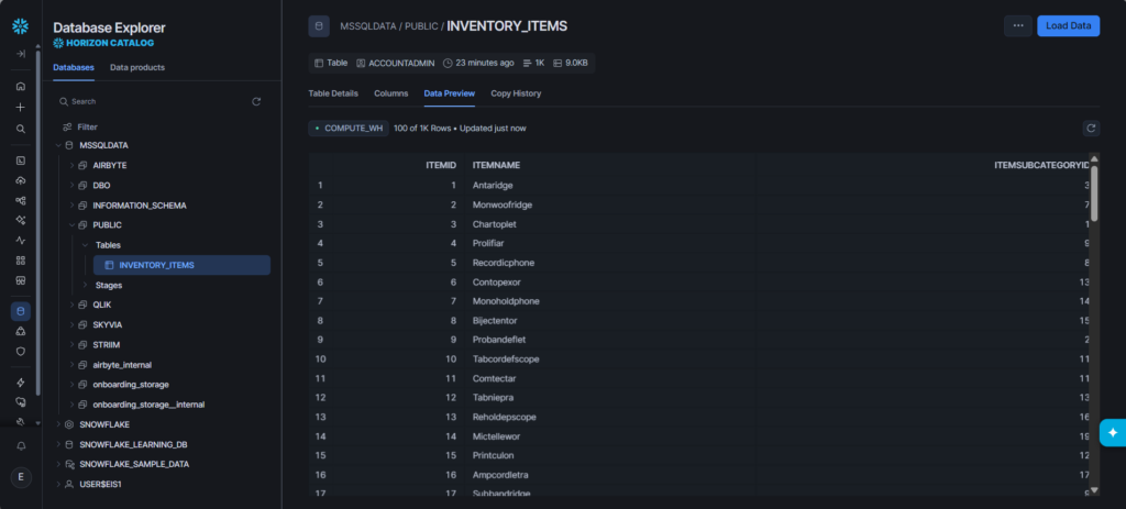 the result of the uploaded CSV: INVENTORY_ITEMS