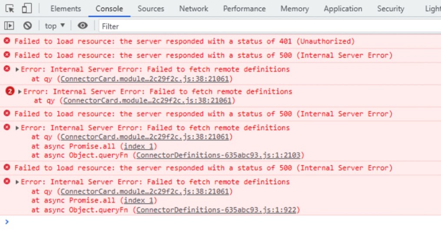 Airbyte error console showing failed connector definition requests during data pipeline troubleshooting.