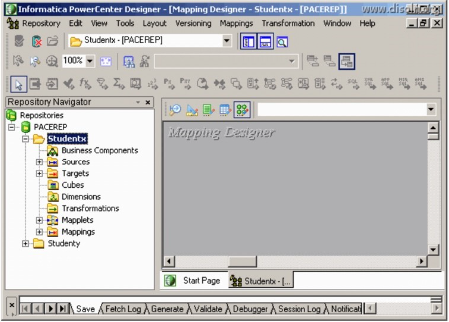 Informatica PowerCenter Designer interface showing repository navigation and empty Mapping Designer workspace
