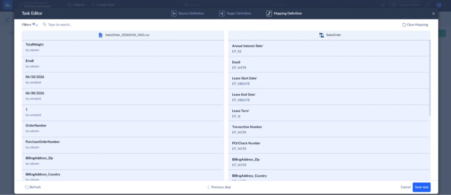 Skyvia Mapping Definition screen showing CSV source fields mapped to target fields before data migration.