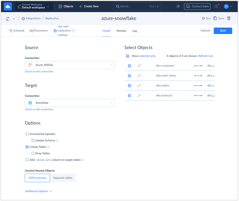 the Replication pipeline: the SQL Server and Snowflake connections