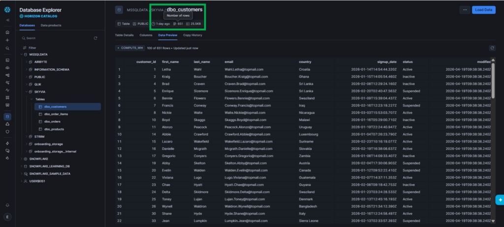 Skyvia's data preview of the uploaded customers in the Snowflake