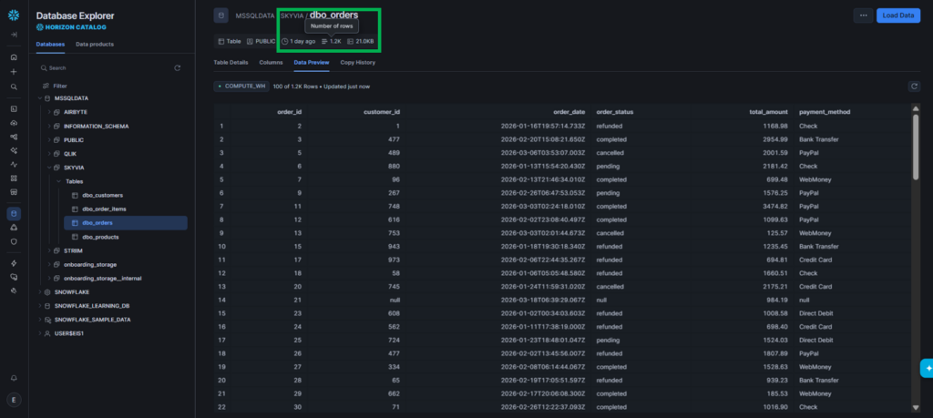 Skyvia's data preview of the uploaded orders in the Snowflake