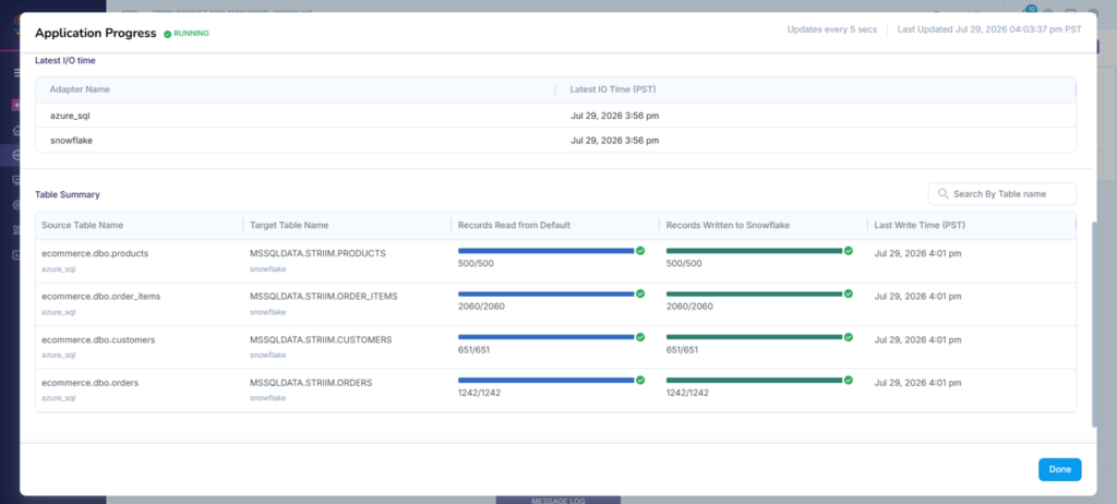 Striim data application progress
