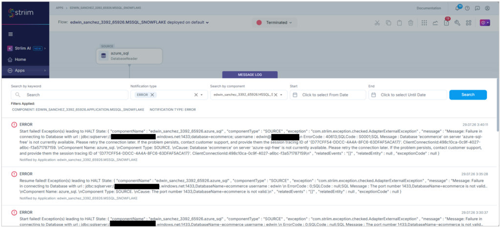 Striim data progress errors