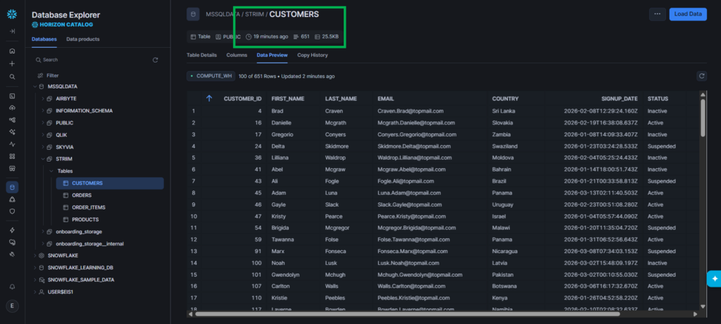 Qlik's data preview of the uploaded customers in the Snowflake