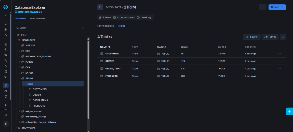 Striim's data preview in the Snowflake