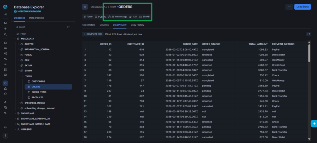Striim's data preview of the uploaded order in the Snowflake