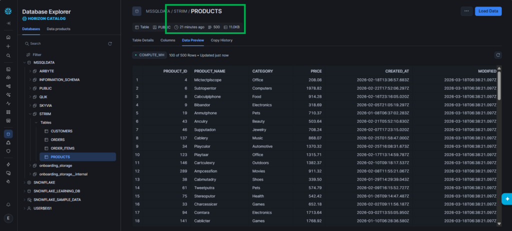 Striim's data preview of the uploaded products in the Snowflake
