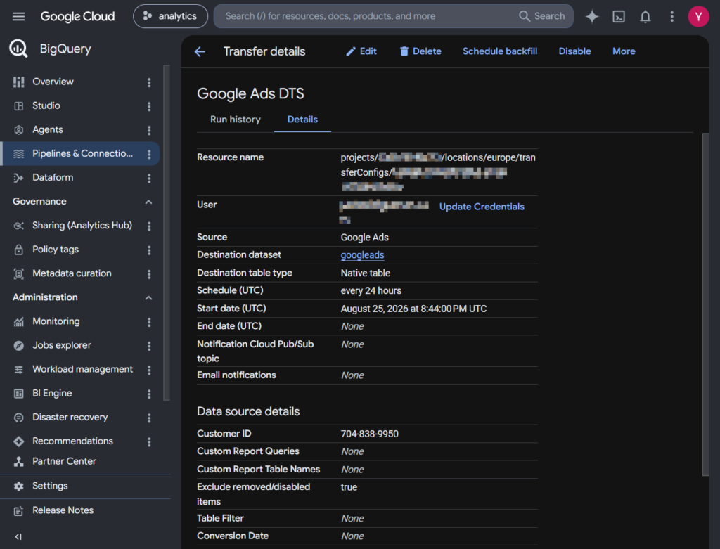 BigQuery Data Transfer Service (DTS) setup for a Google Ads transfer; showing the destination dataset