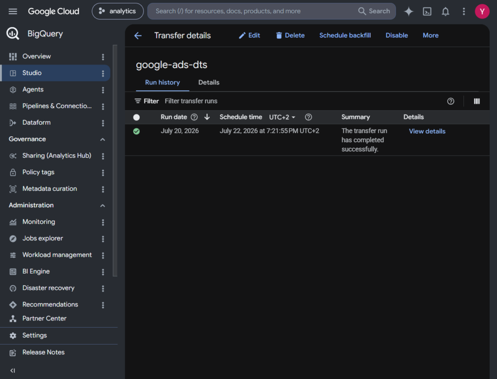 BigQuery Data Transfer Service (DTS) run history