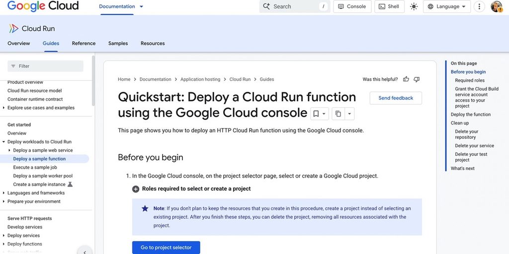 Google Cloud Run documentation page showing how to deploy a Cloud Run function in the Google Cloud console