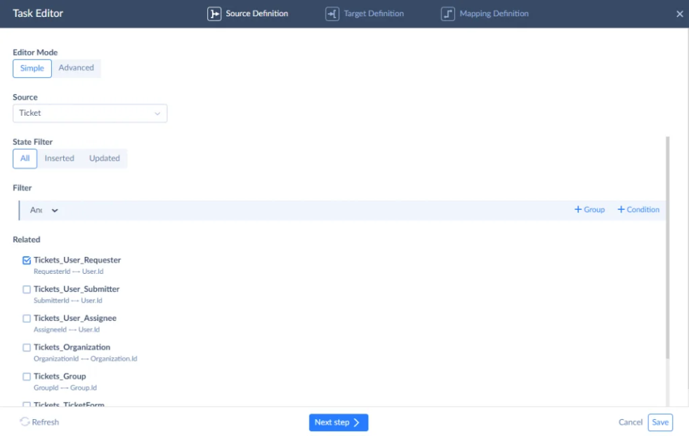 Skyvia Task Editor showing Zendesk Ticket source fields and related requester, assignee, organization, and group objects