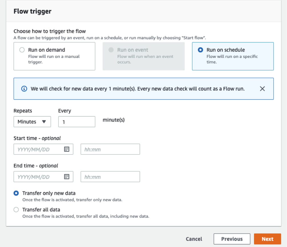 Amazon AppFlow flow trigger settings showing a one-minute schedule and the option to transfer only new data