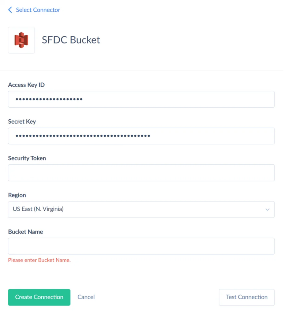 Skyvia Amazon S3 connection editor showing AWS access credentials, region, and bucket name