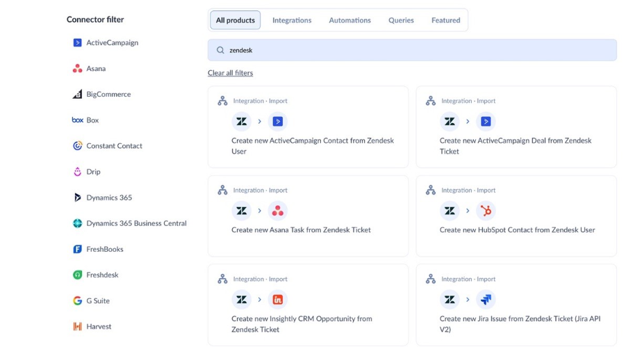 Skyvia connector gallery showing Zendesk integration templates for ActiveCampaign, Asana, HubSpot, Insightly CRM, and Jira
