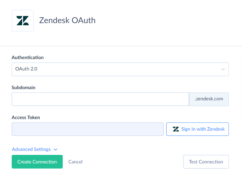 kyvia Zendesk connection editor showing OAuth 2.0 authentication and Zendesk account setti