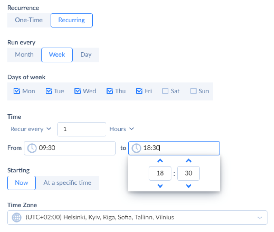 Skyvia schedule settings showing an hourly recurring integration, working days, time restrictions, and time zone