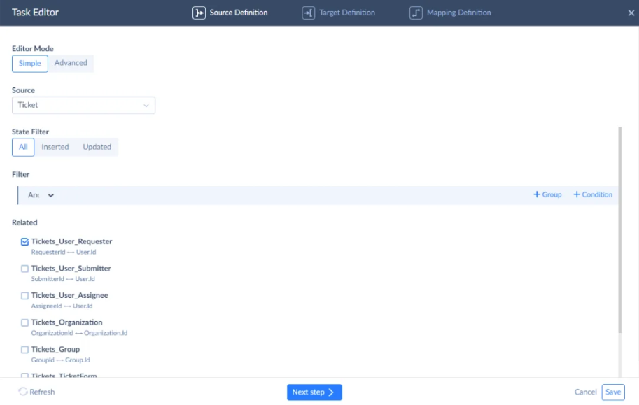 Skyvia Task Editor showing Zendesk Ticket data with related requester, assignee, organization, and group objects