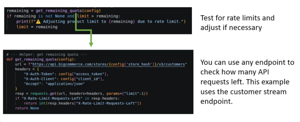 BigCommerce API rate-limit handling code showing remaining request quota during a high-volume data export