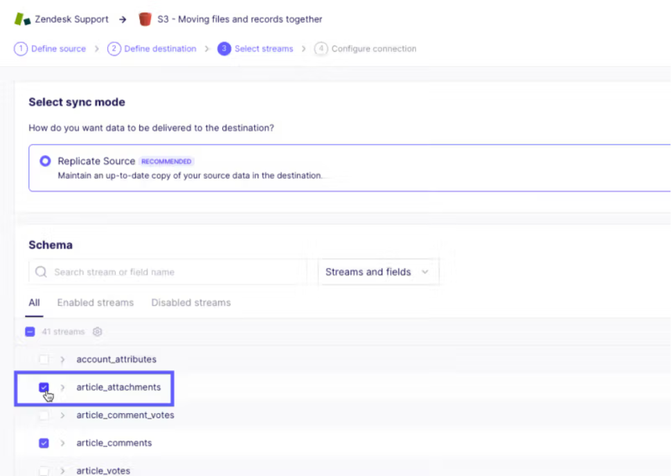 Airbyte connection showing Zendesk Support as the source, Amazon S3 as the destination, and Zendesk streams selected in the schema