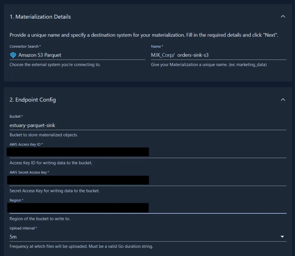 Estuary Amazon S3 Parquet destination configuration showing bucket, AWS credentials, region, and five-minute upload interval