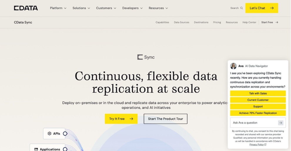 CData Sync homepage highlighting continuous data replication across cloud and on-premises environments