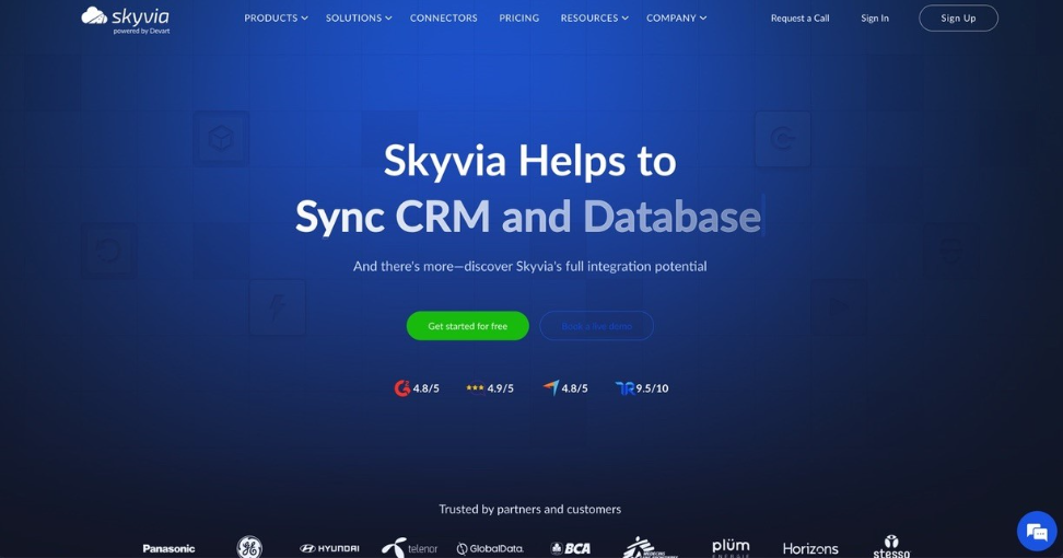 Skyvia homepage showing CRM and database synchronization platform