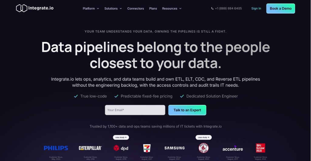 Integrate.io homepage highlighting lIntegrate.io homepage highlighting low-code ETL, ELT, CDC, and Reverse ETL pipelines with predictable fixed-fee pricing