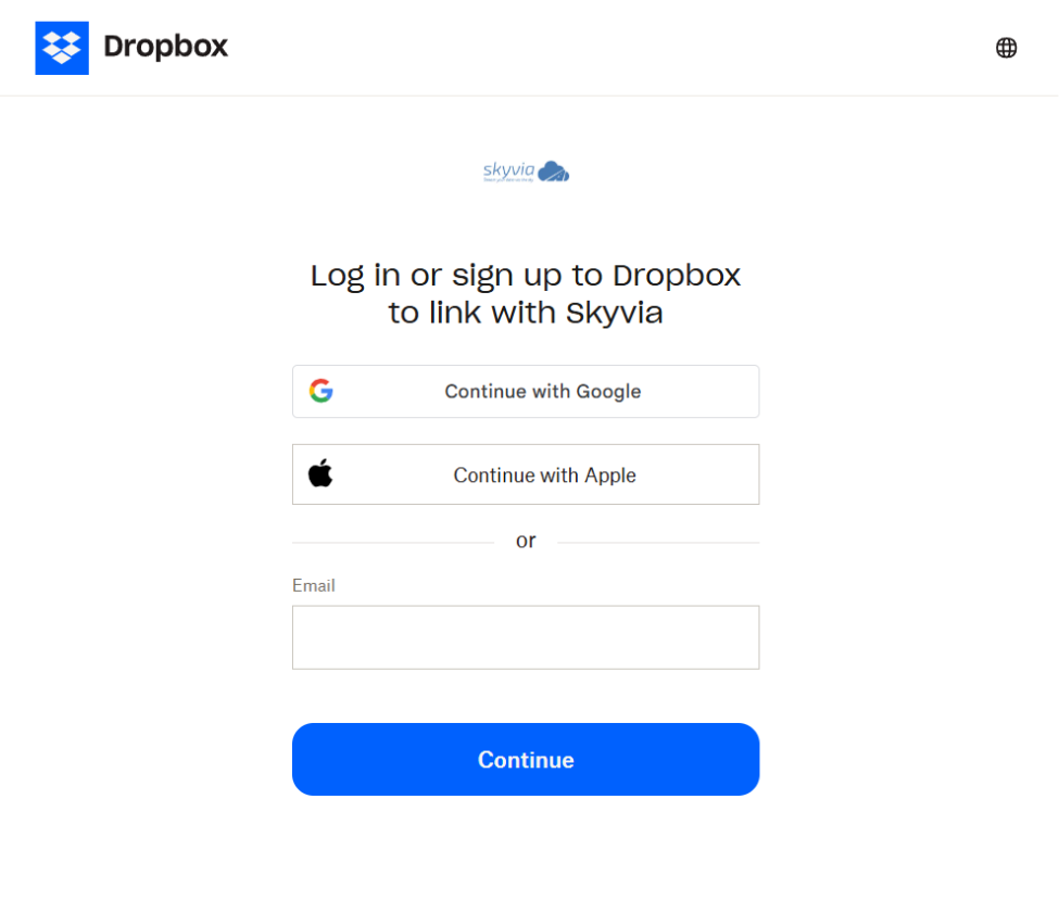 Dropbox authorization screen used to connect a Dropbox account to Skyvia