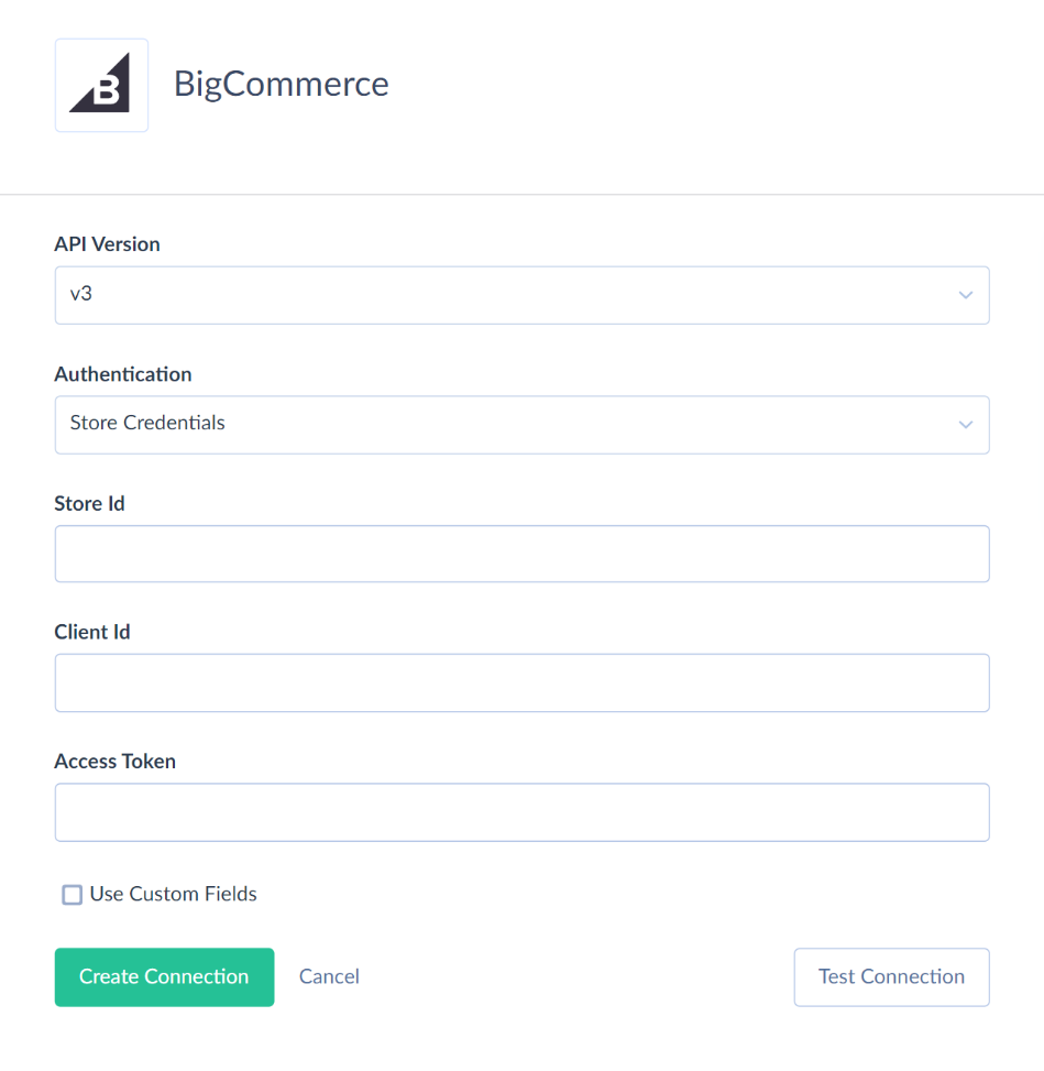 Skyvia BigCommerce connection editor showing API version, Store ID, Client ID, and access token fields