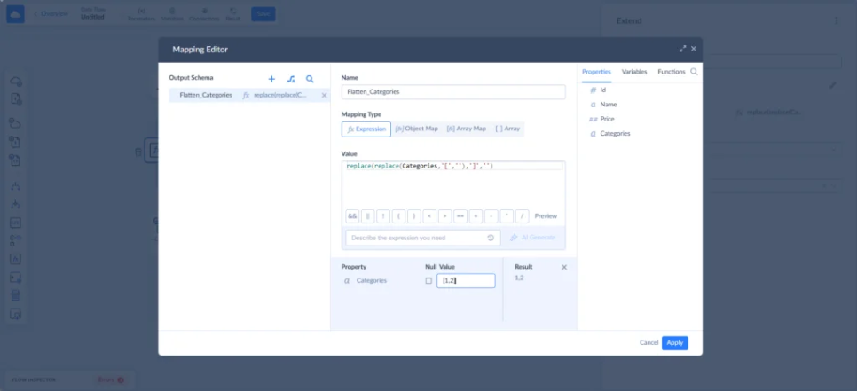 Skyvia Mapping Editor showing an expression used to transform BigCommerce data before CSV export