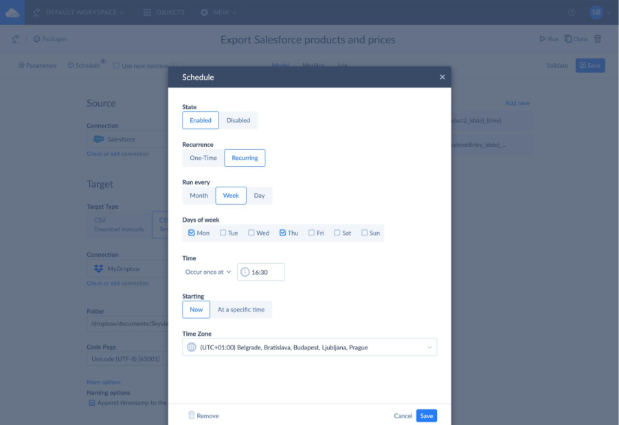 Skyvia Export schedule dialog showing recurring days, execution time, and timezone settings