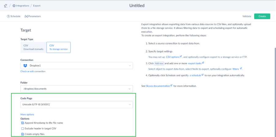 Skyvia Export integration configured to save CSV files to a Dropbox storage folder