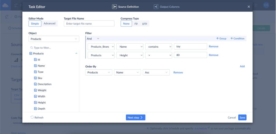 Skyvia Export Task Editor showing product fields, filters, sorting, target filename, and CSV compression settings