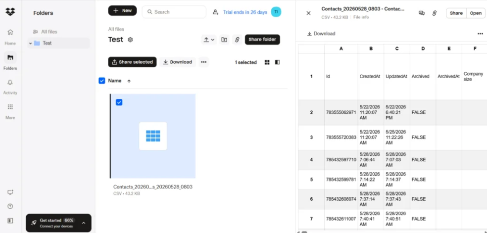 Dropbox folder showing an exported CSV file with tabular data generated by a Skyvia integration