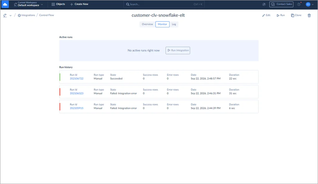Postgres to Snowflake integration in Skyvia Monitor Log