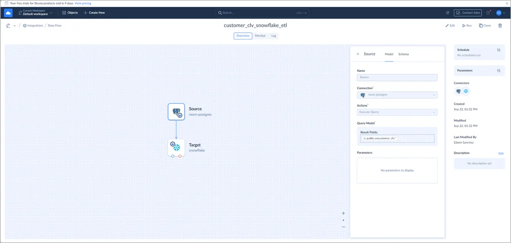 Postgres to Snowflake Integration through Skyvia Data Flow