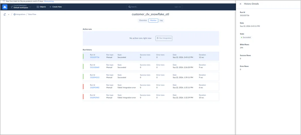 Postgres to Snowflake Integration through Skyvia Data Flow Monitor Log