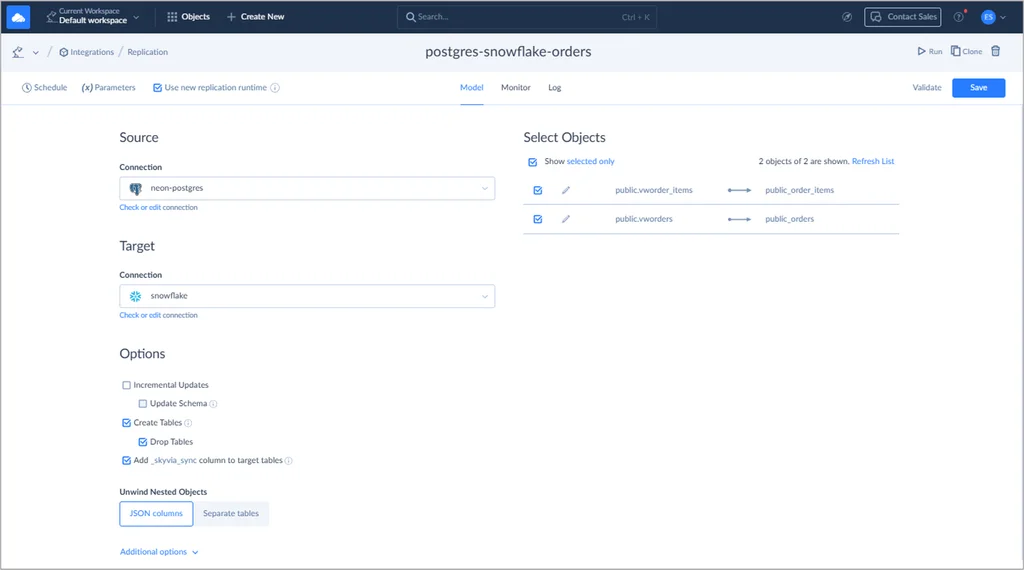 Postgres to Snowflake Replication Model in Skyvia
