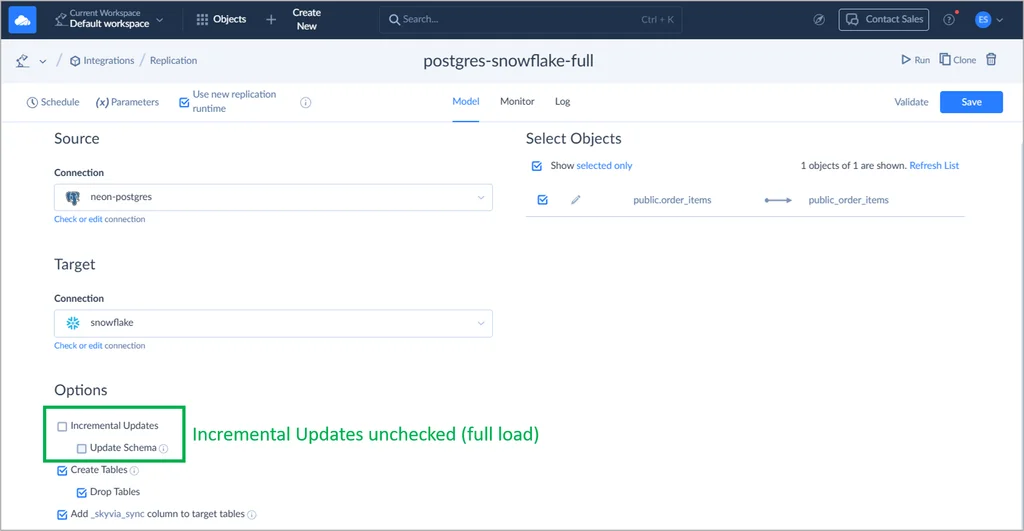 Postgres to Snowflake Replication in Skyvia - full load